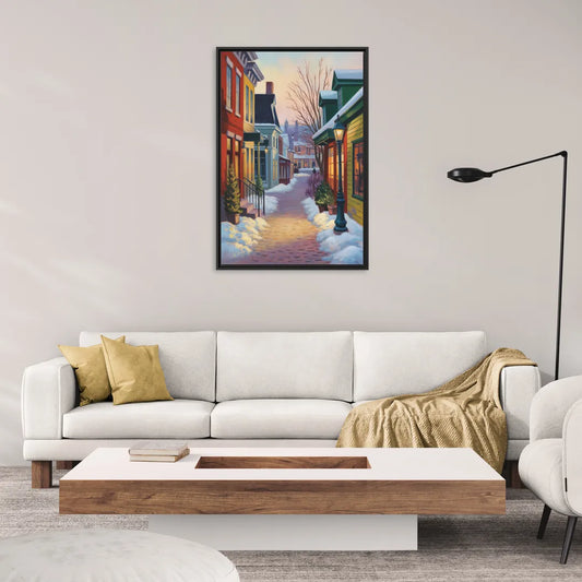 Petit Champlain Winter Quebec - Living Room Black Frame Canvas