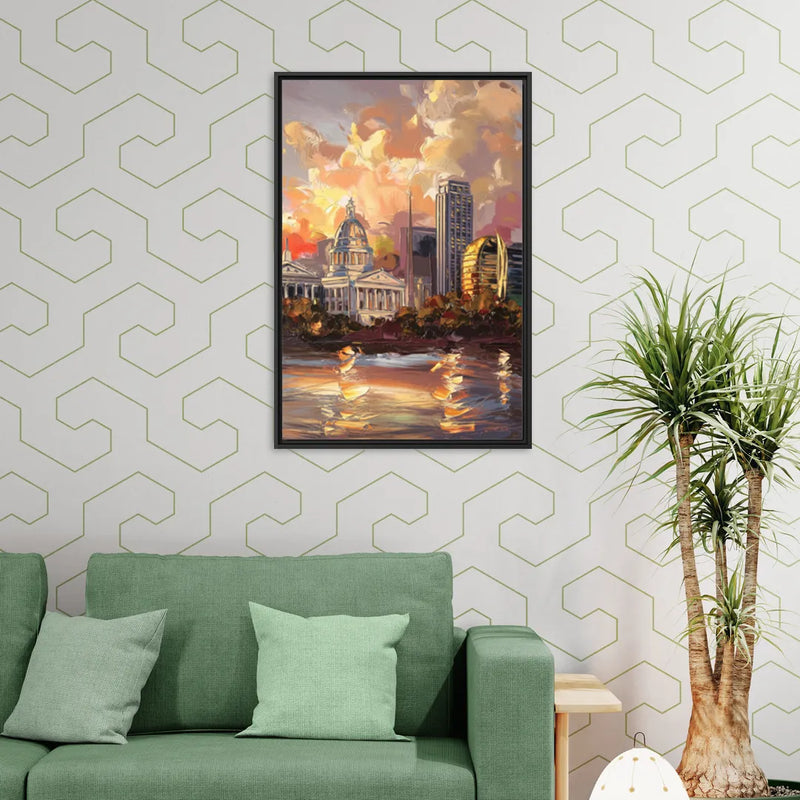 Little Rock Skyline at Sunset - Living Room Black Frame Canvas
