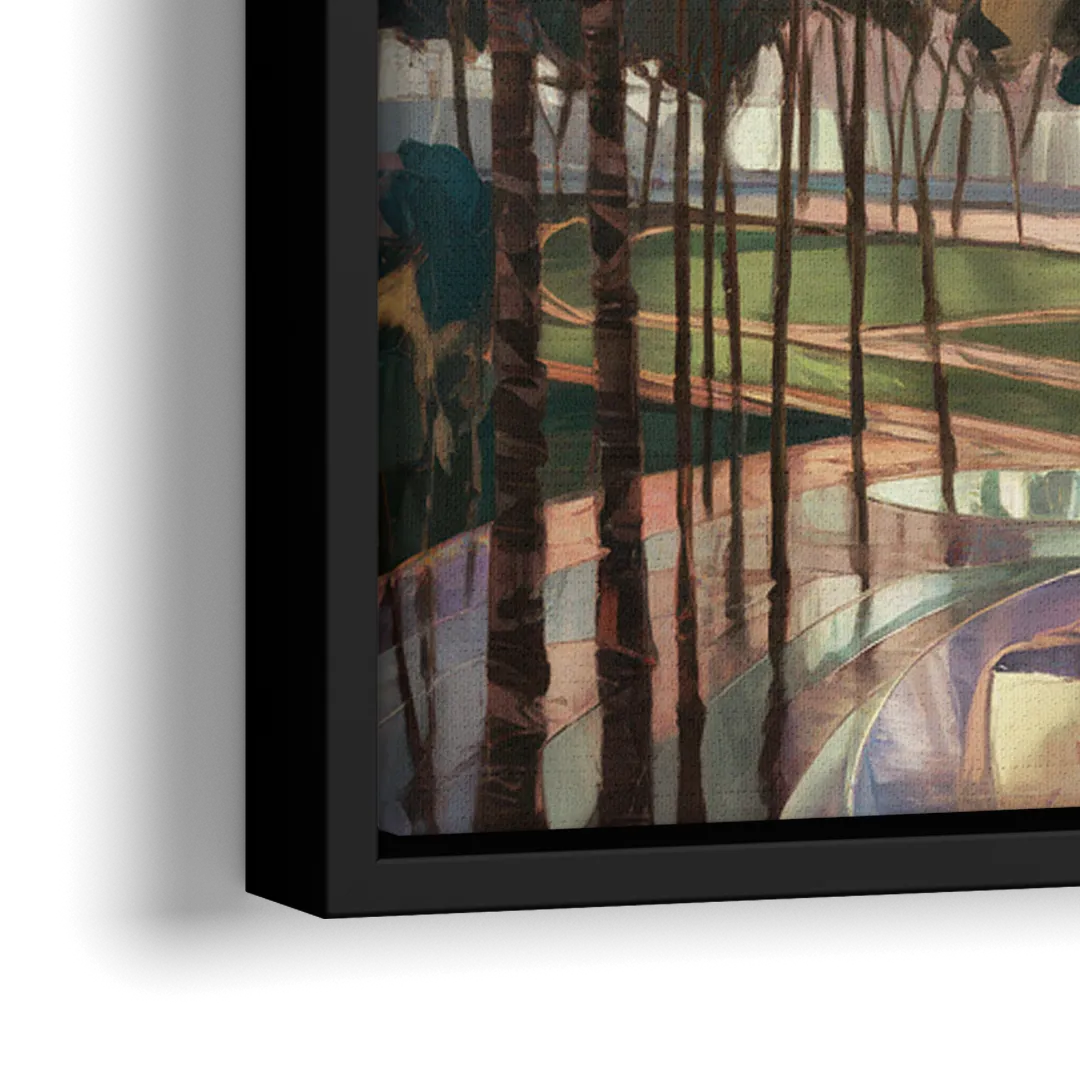 Los Angeles Palm Trees and Skyscrapers - Close-Up Black Frame Canvas