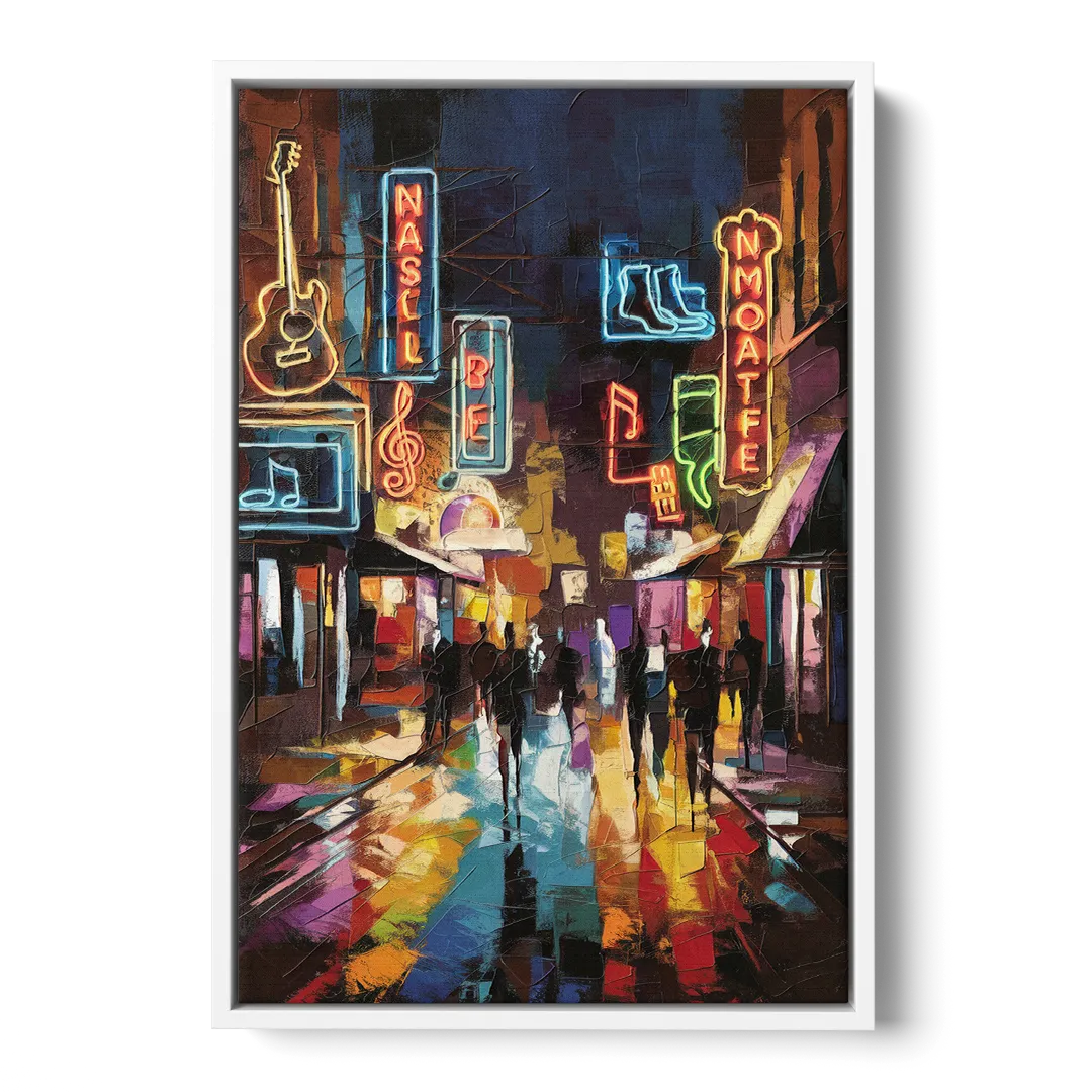 Nashville Broadway Nightlife - White Frame Canvas