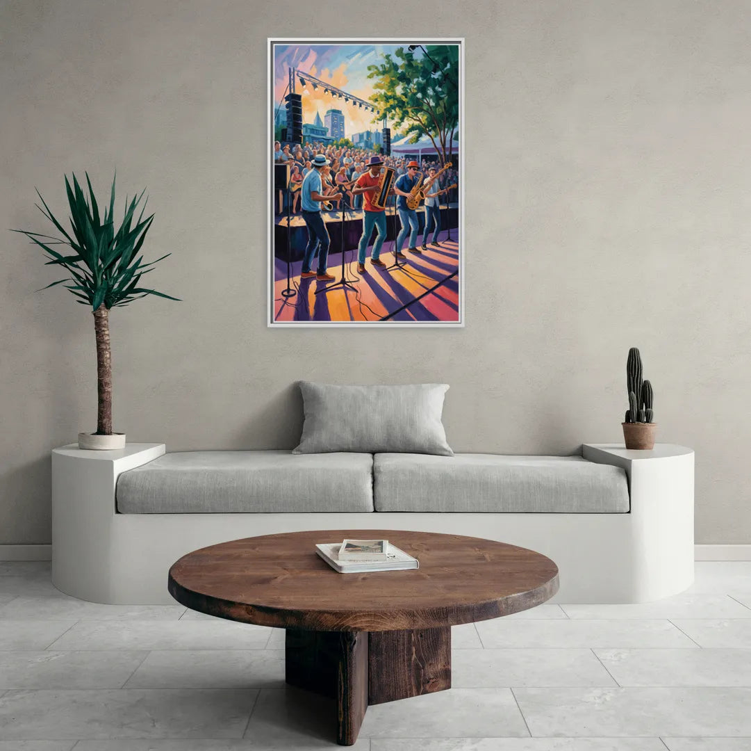 Montreal Jazz Festival Scene - Living Room White Frame Canvas