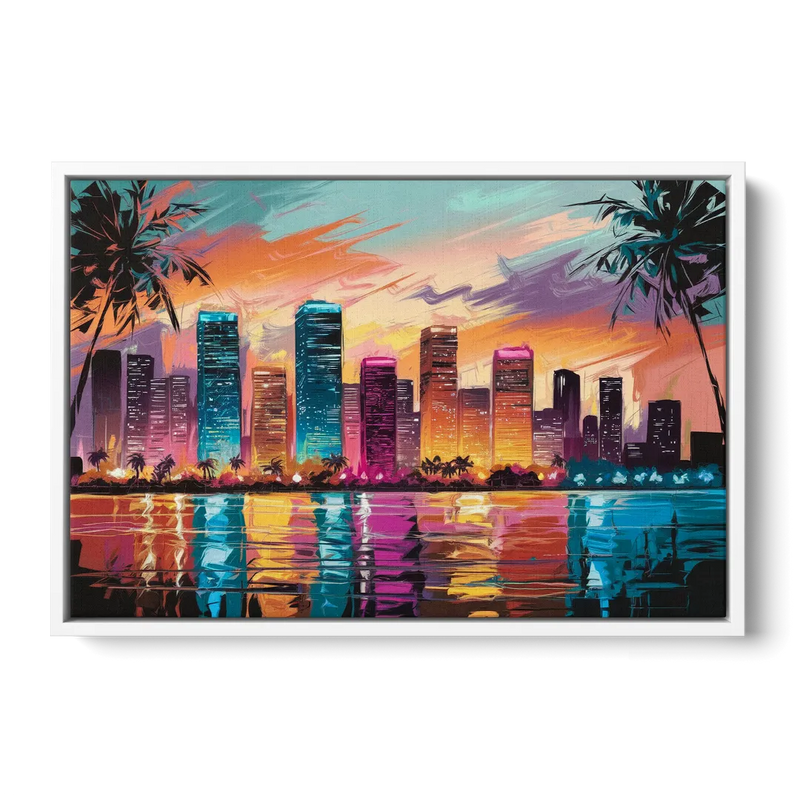 Miami Urban Sunset Glow - White Frame Canvas