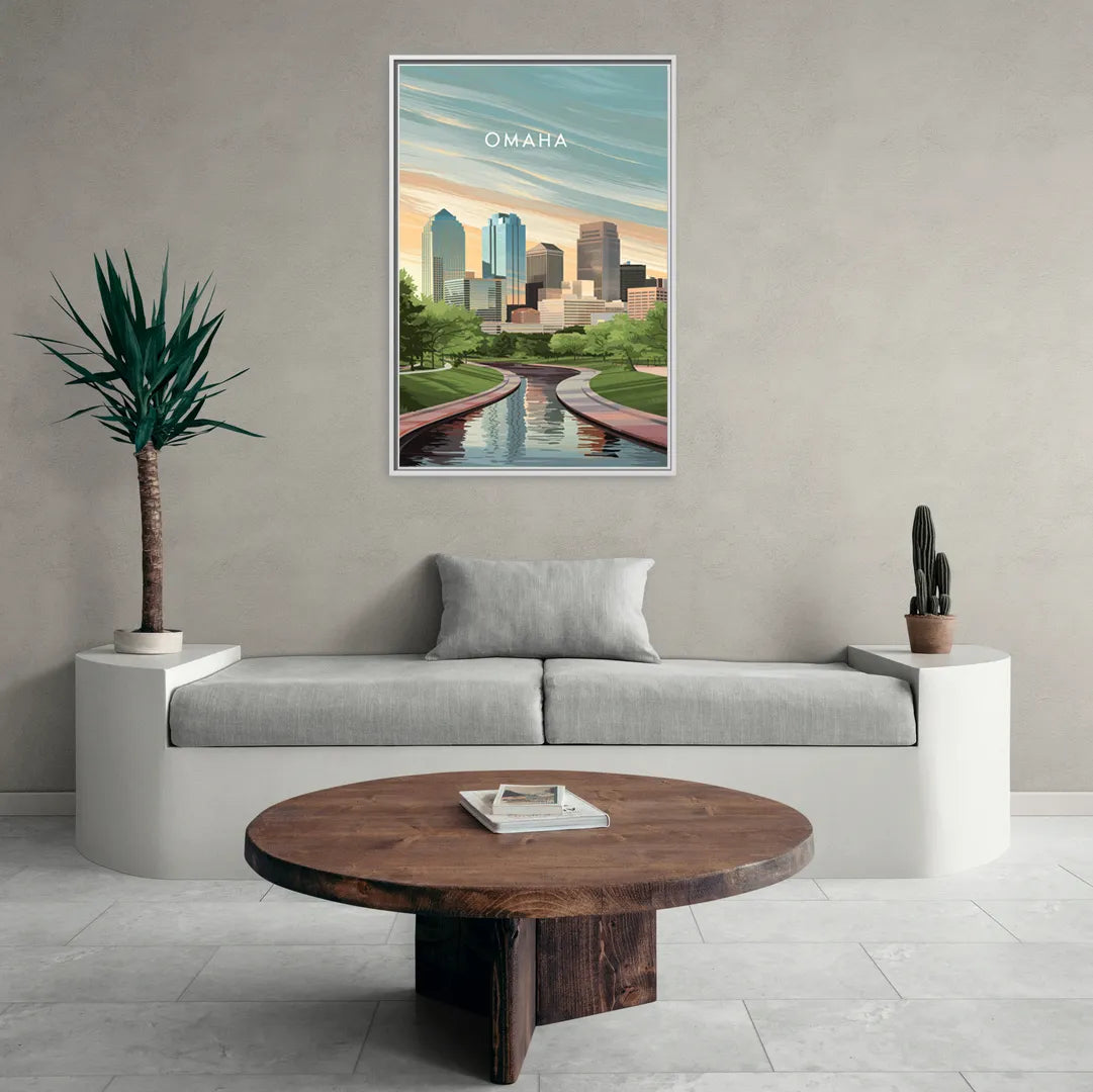 Omaha Downtown View - Living Room White Frame Canvas