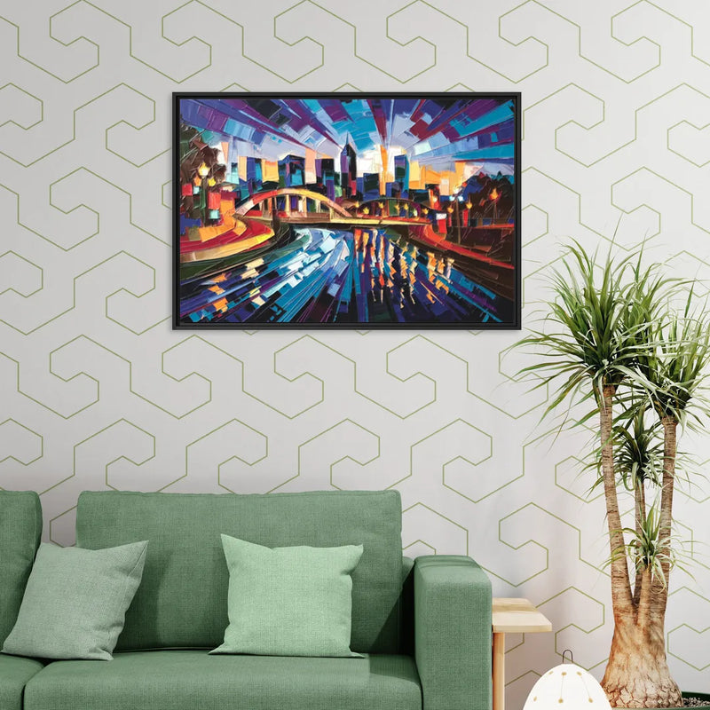 Greenville Vibrant Cityscape - Living Room Black Frame Canvas