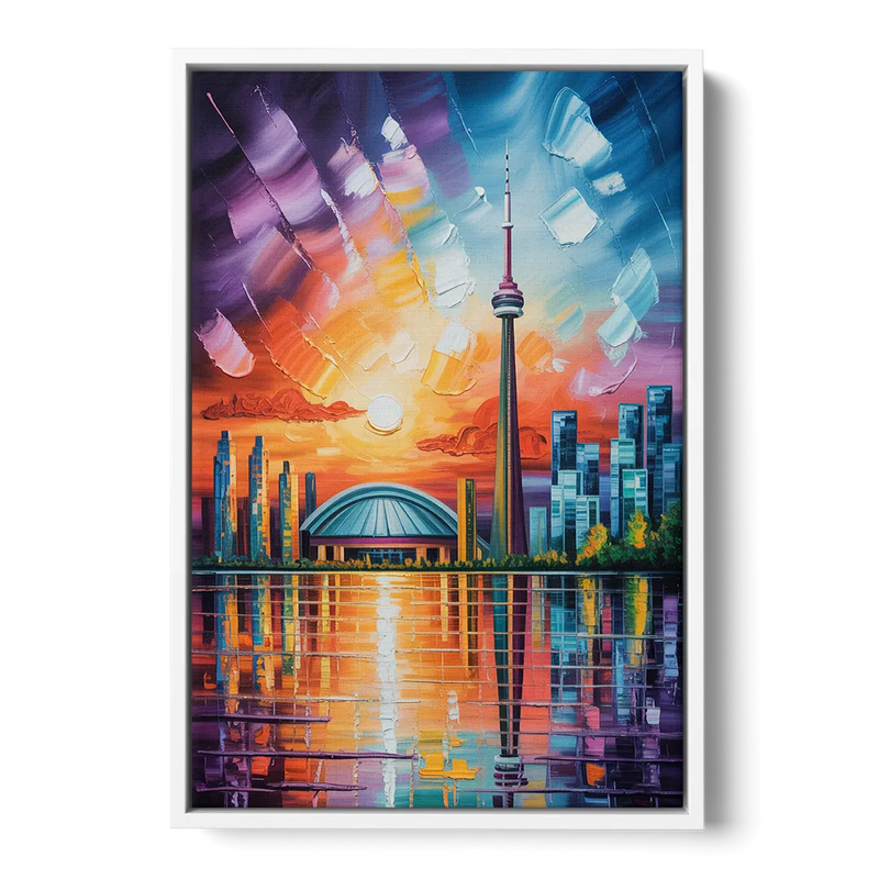 CN Tower Sunset Watercolor - White Frame Canvas
