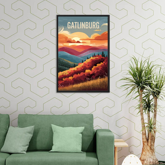 Gatlinburg Sunset Over Hills - Living Room Black Frame Canvas