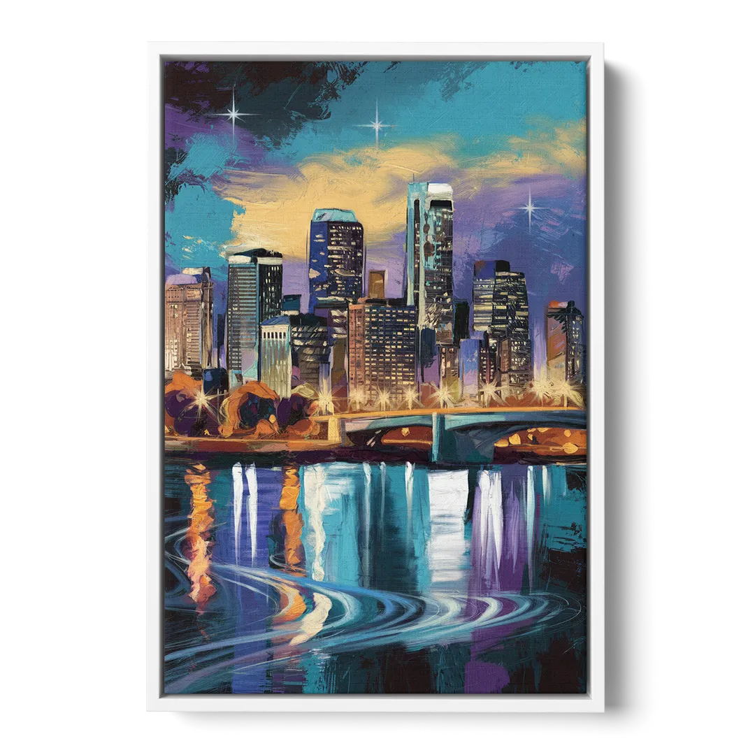 Minneapolis Urban Skyline Reflection - White Frame Canvas