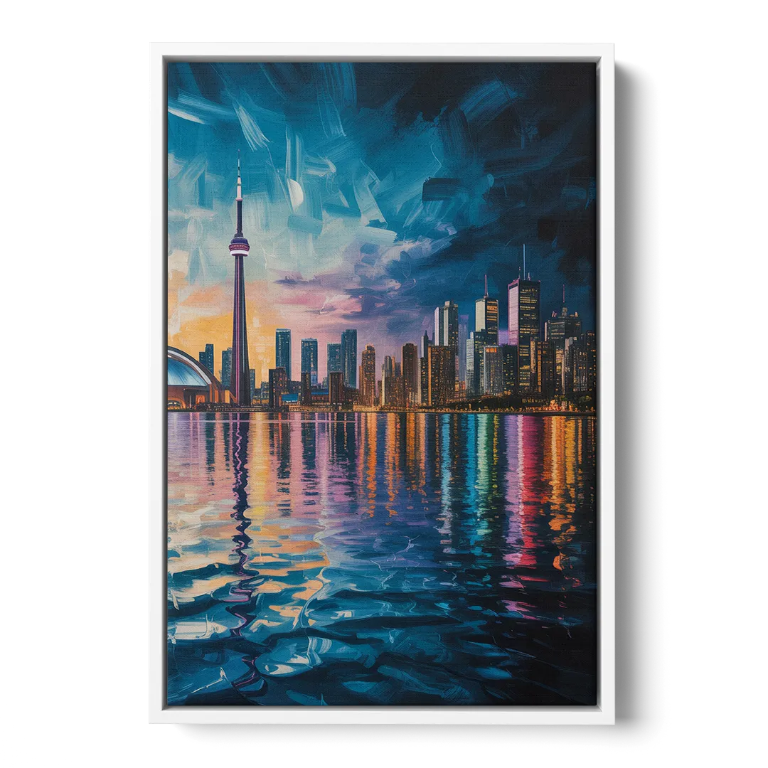 Toronto Skyline at Night Watercolor - White Frame Canvas