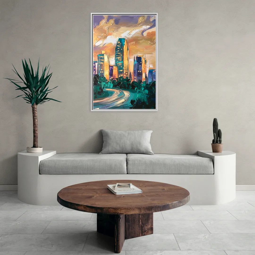Raleigh Contemporary Cityscape - Living Room White Frame Canvas