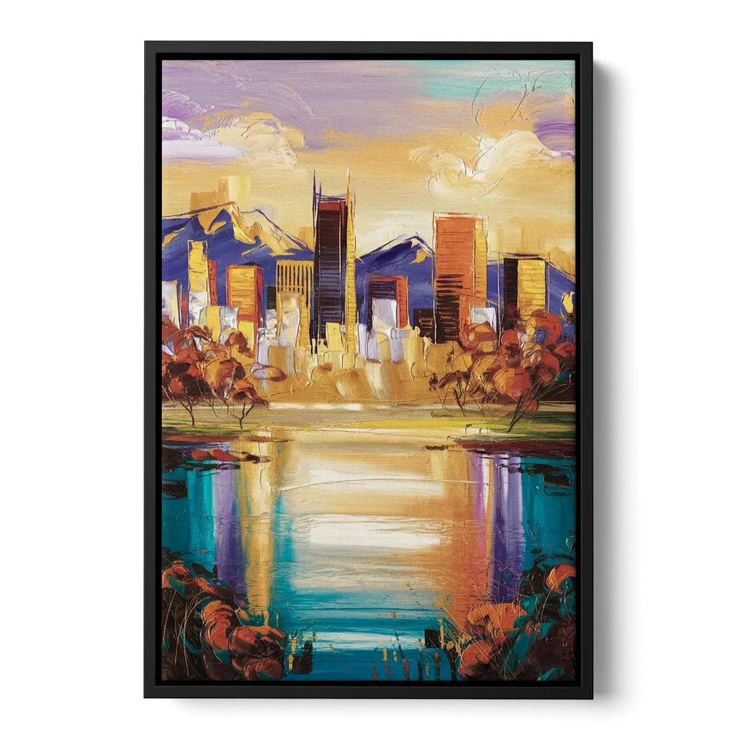Denver Skyline Reflection - Black Frame Canvas