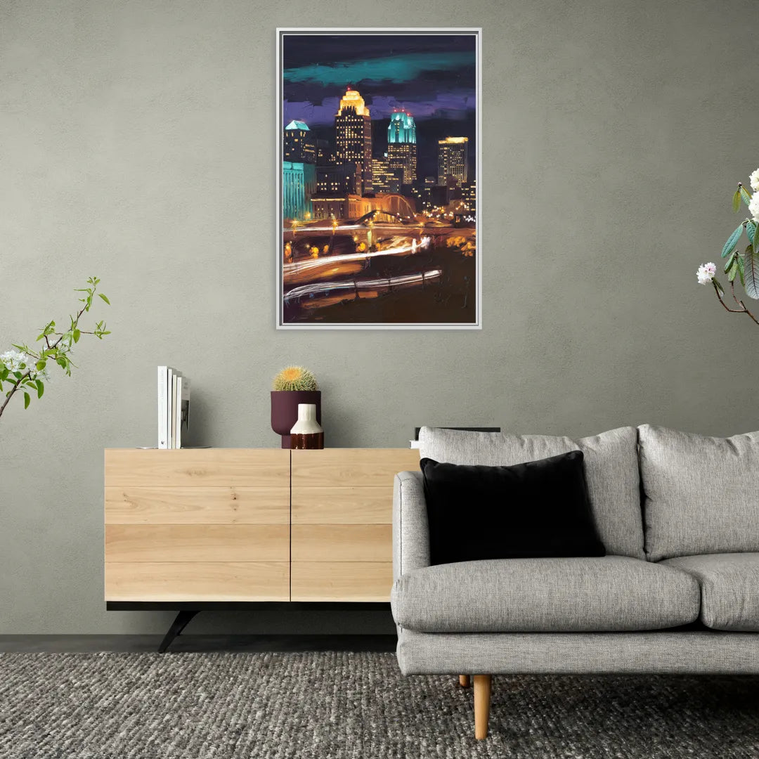 Kansas City Nighttime Skyline - Living Room White Frame Canvas