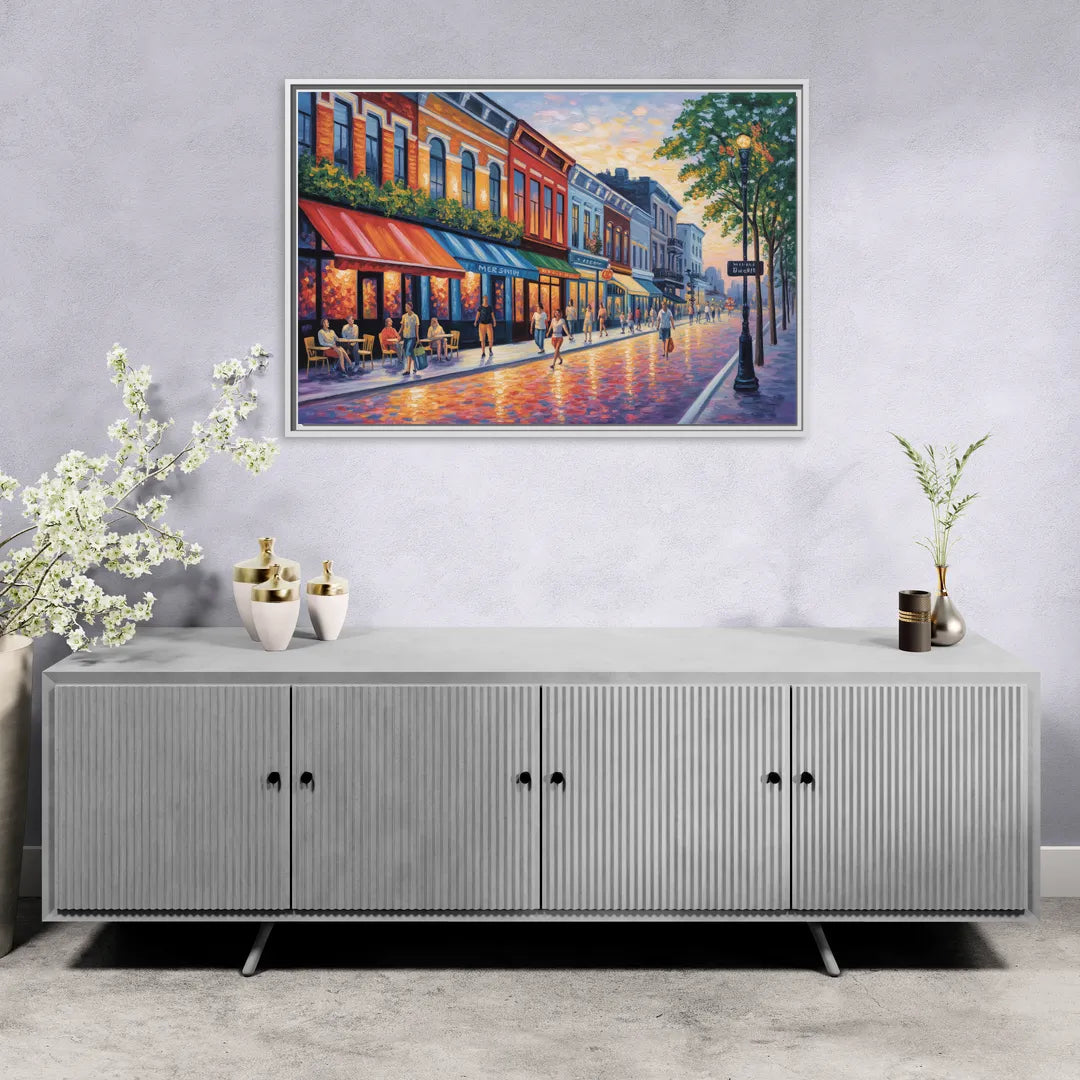 Montreal Summer Streets - Living Room White Frame Canvas
