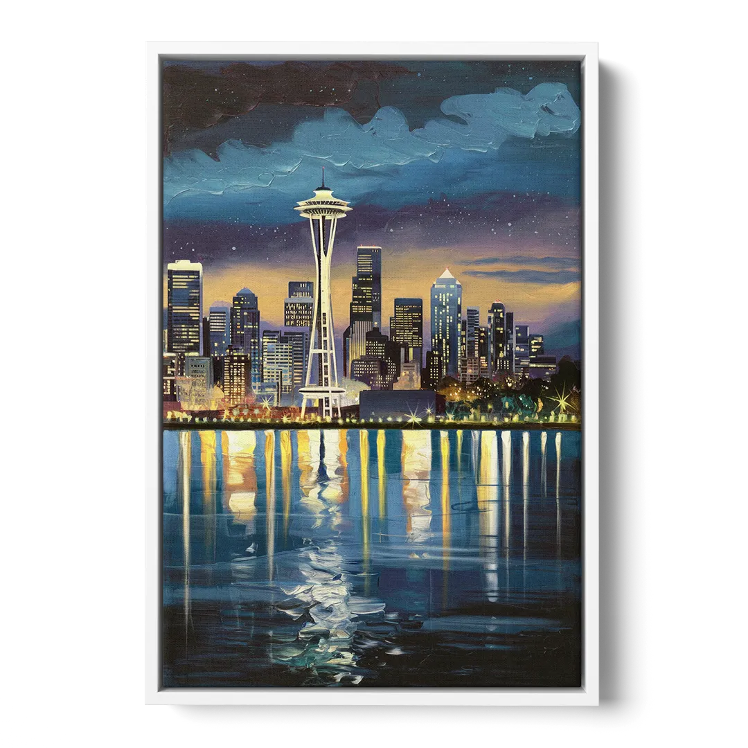 Seattle Skyline Reflection - White Frame Canvas