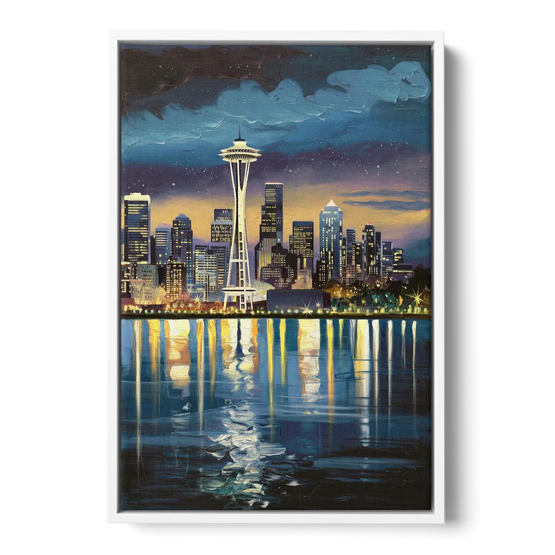 Seattle Skyline Reflection - White Frame Canvas