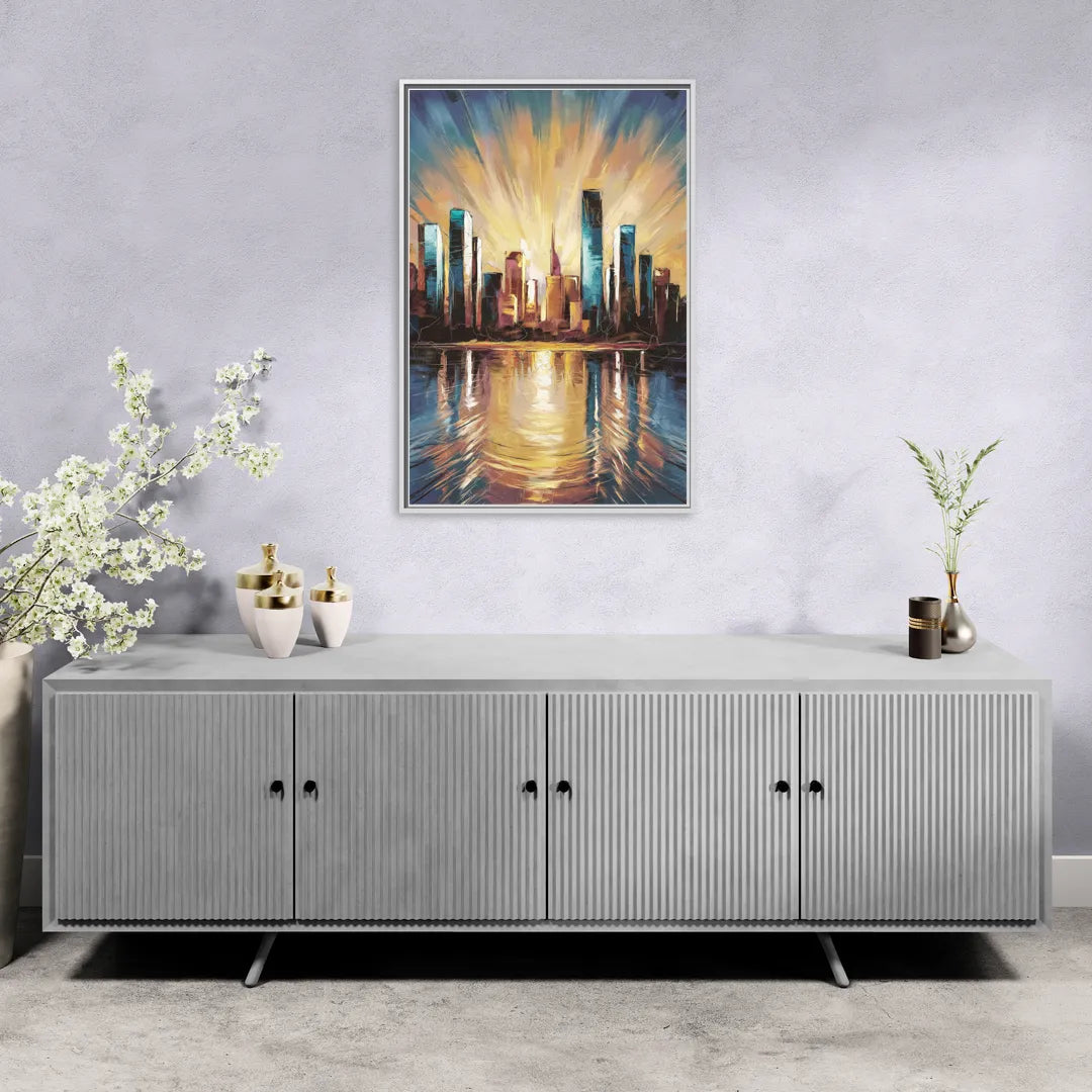 Riverside Sunset Over the City - Living Room White Frame Canvas