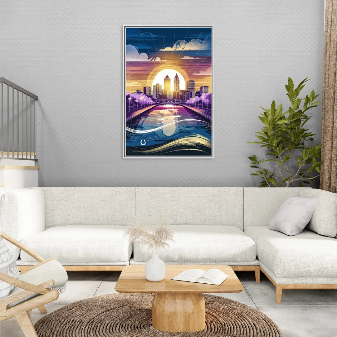 Indianapolis Skyline with Colts Theme - Living Room White Frame Canvas