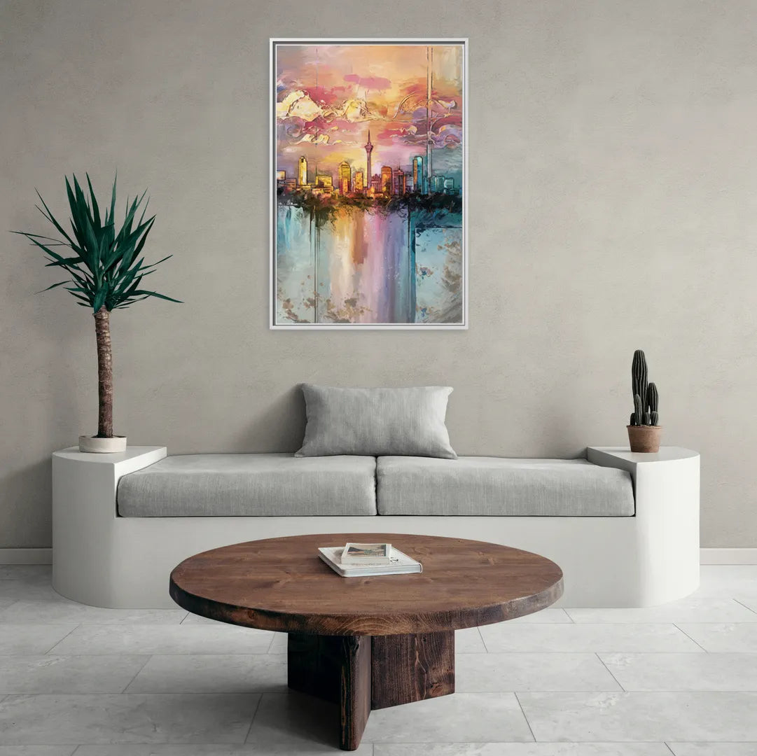 San Antonio Skyline Sunset - Living Room White Frame Canvas