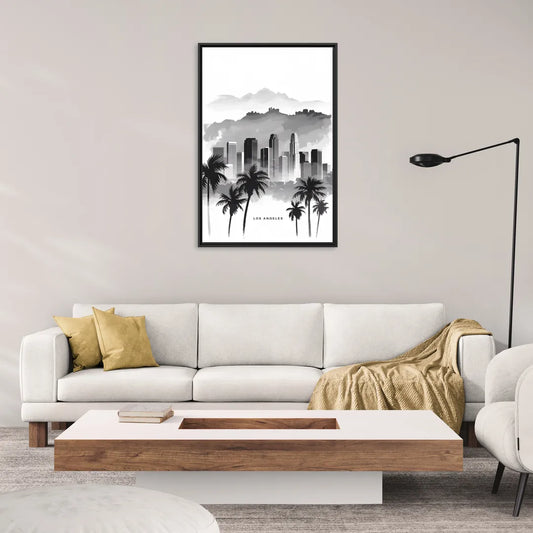 Los Angeles Black and White Cityscape - Living Room Black Frame Canvas