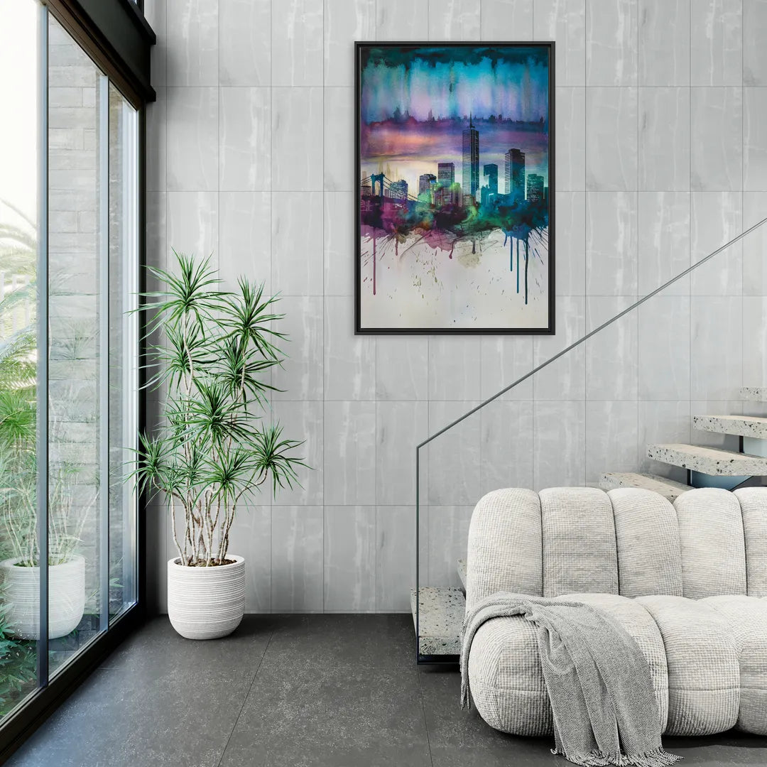 Boston Skyline in Watercolor - Living Room Black Frame Canvas