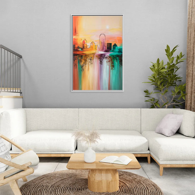 Tulsa Skyline Sunset - Living Room White Frame Canvas