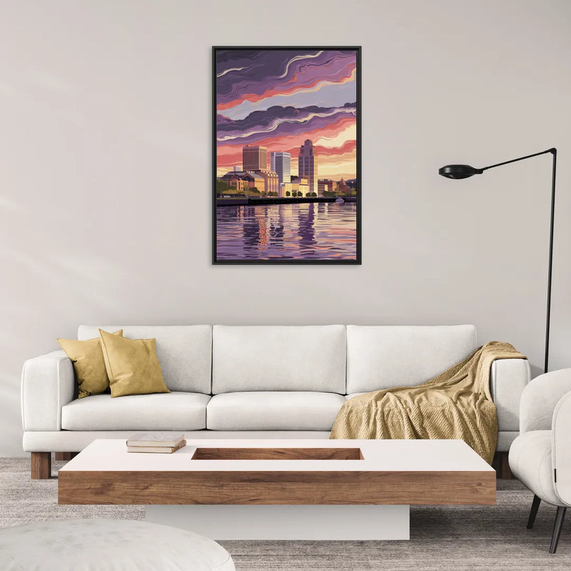Norfolk Skyline at Sunset - Living Room Black Frame Canvas