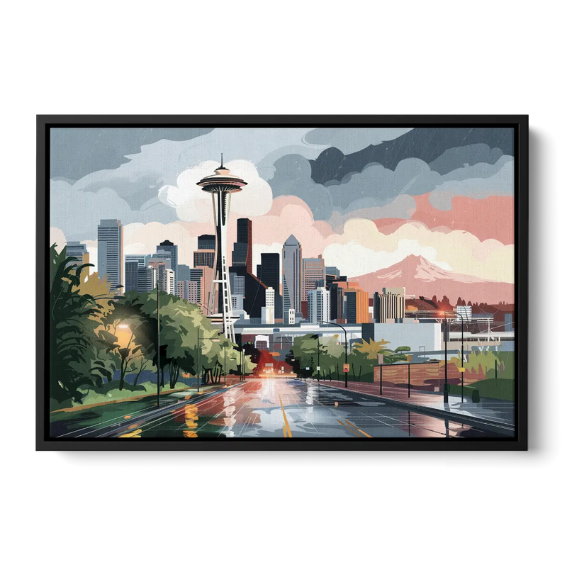Seattle Rainy Day Skyline - Black Frame Canvas