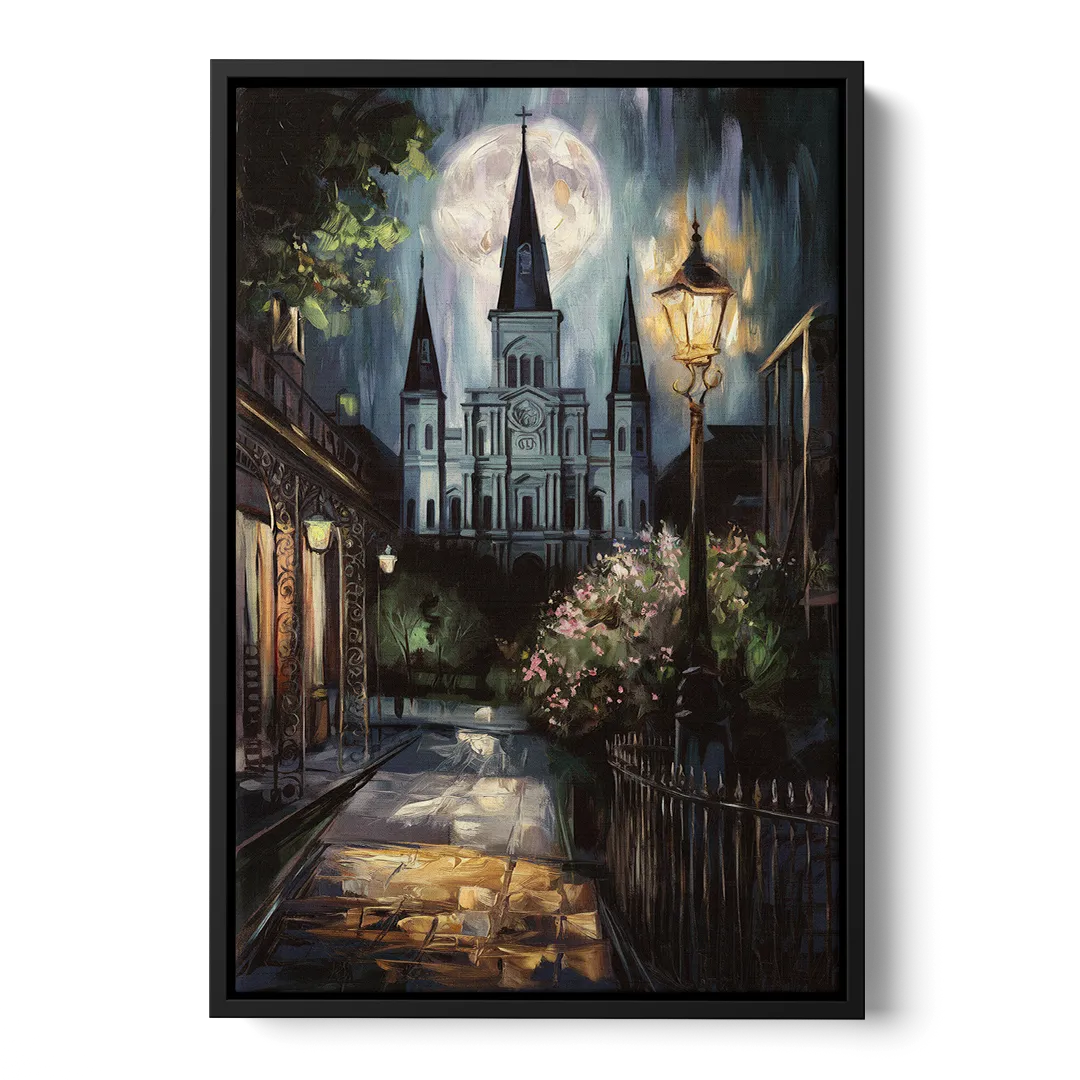 New Orleans Cathedral Silhouette - Black Frame Canvas