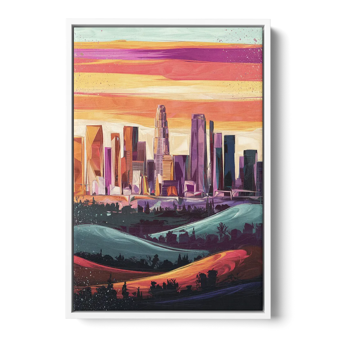 Los Angeles Skyline at Sunset - White Frame Canvas