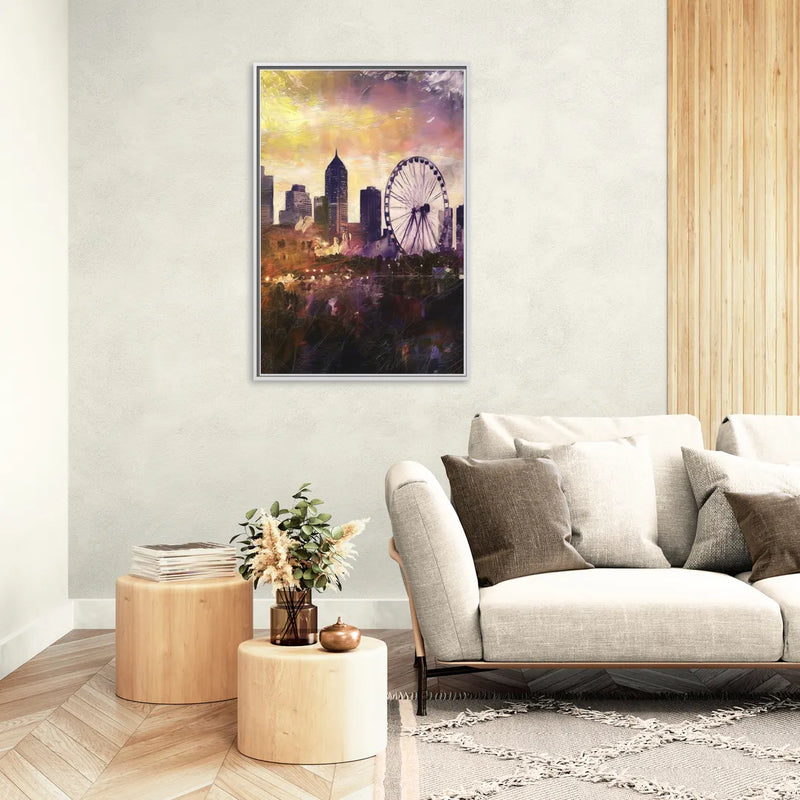 Atlanta Skyline with Ferris Wheel - Living Room White Frame Canvas