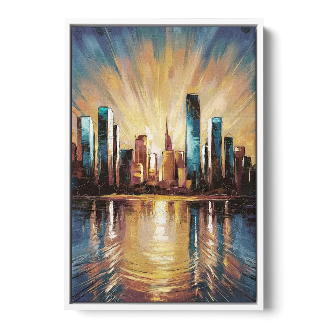 Riverside Sunset Over the City - White Frame Canvas