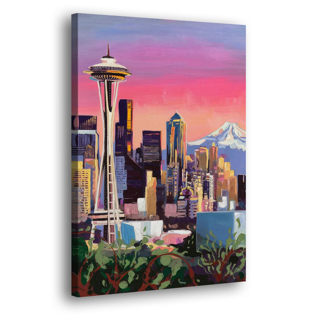 Seattle Skyline with Mount Rainier - Canvas Print Art Sides