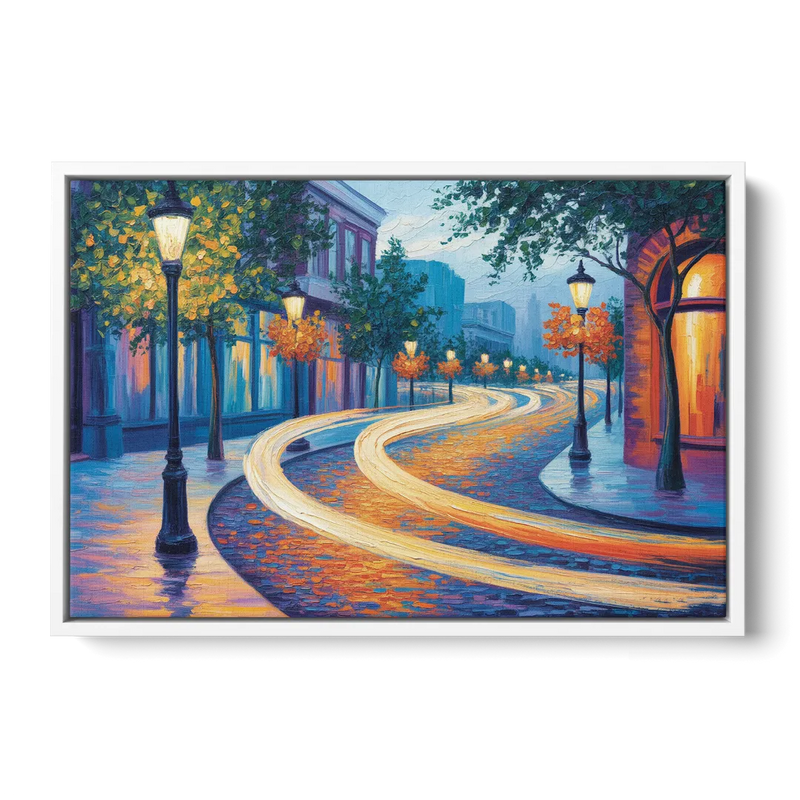 Crescent Street Lights - White Frame Canvas