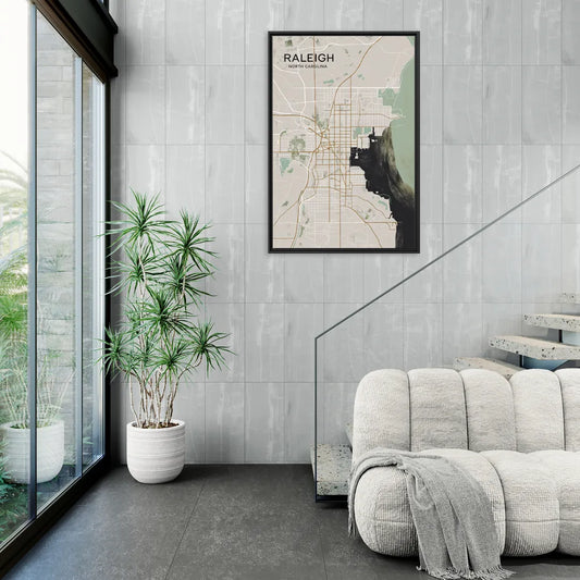 Raleigh City Map Design - Living Room Black Frame Canvas