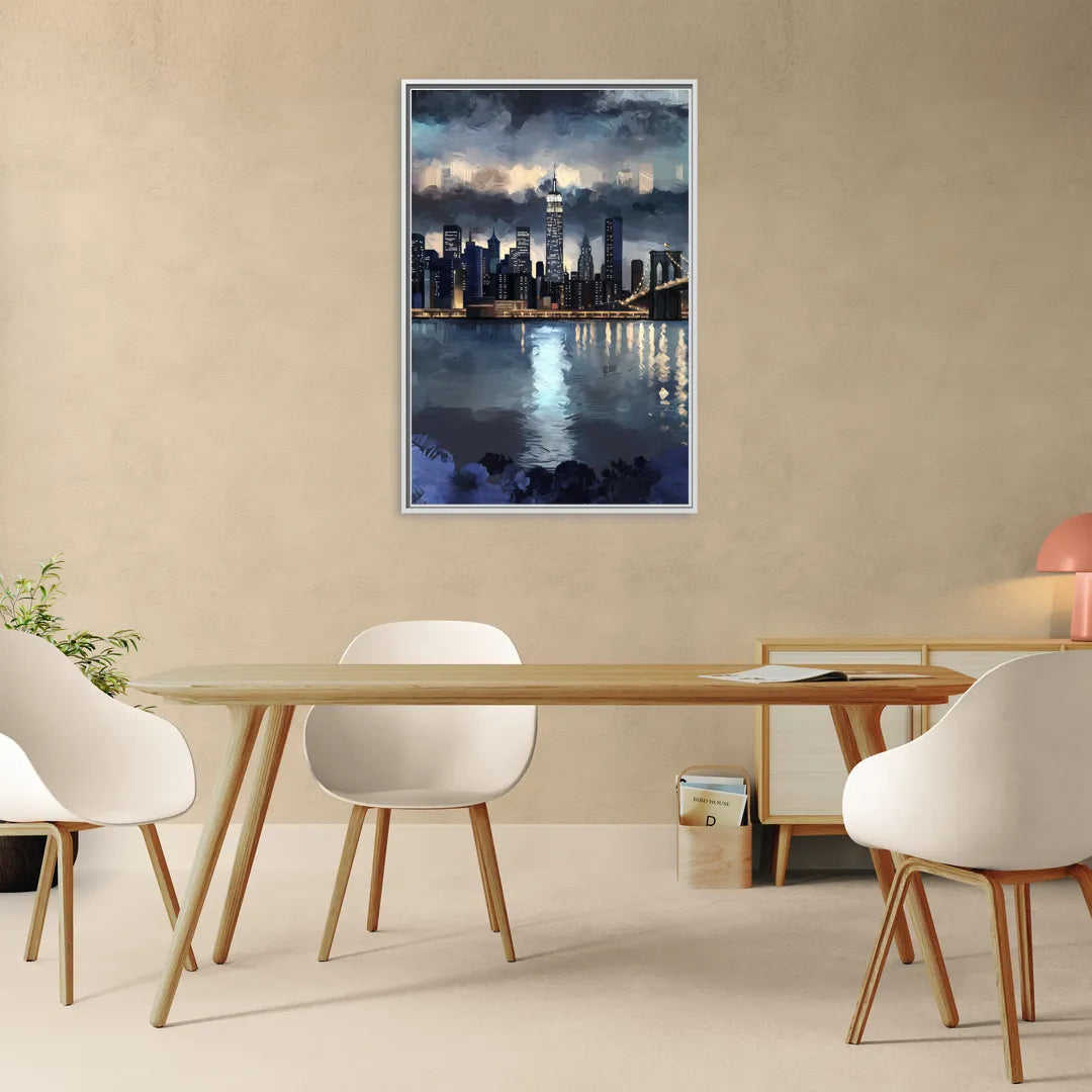 New York City Skyline in Blue Tones Hudson - Living Room White Frame Canvas