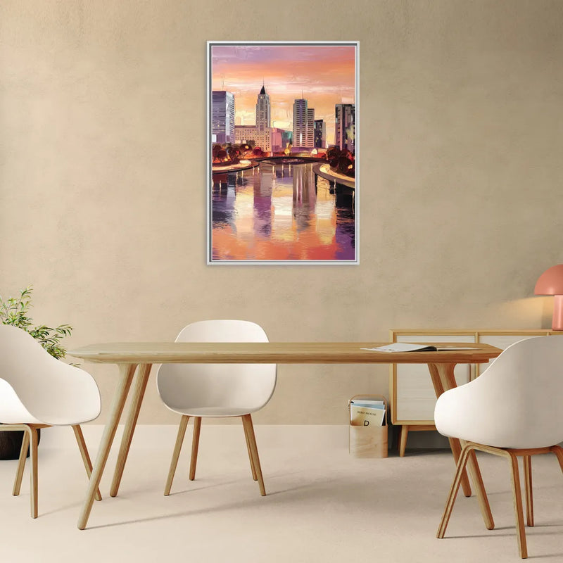 Columbus Cityscape Reflection - Living Room White Frame Canvas