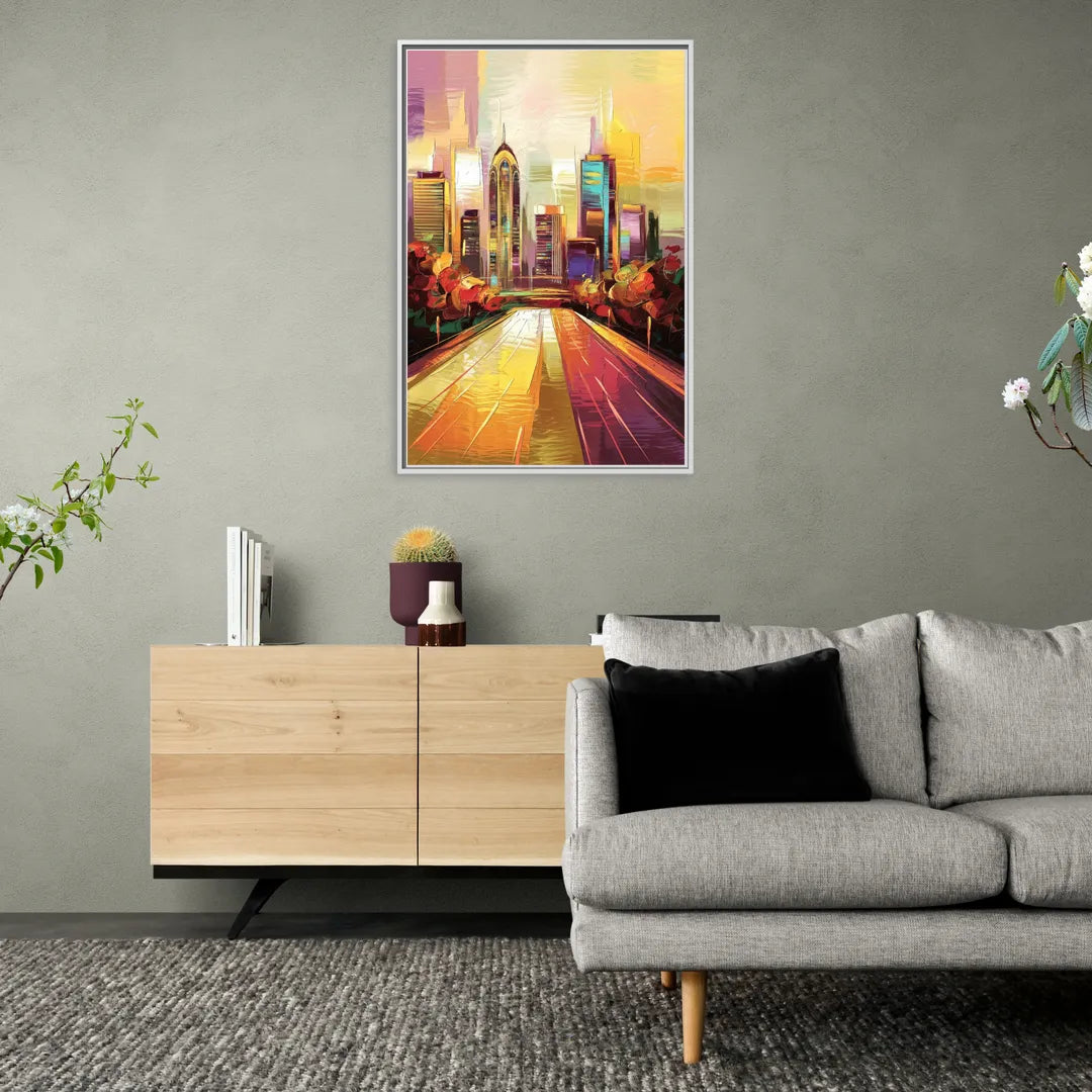 Atlanta Skyline and Peachtree Street - Living Room White Frame Canvas