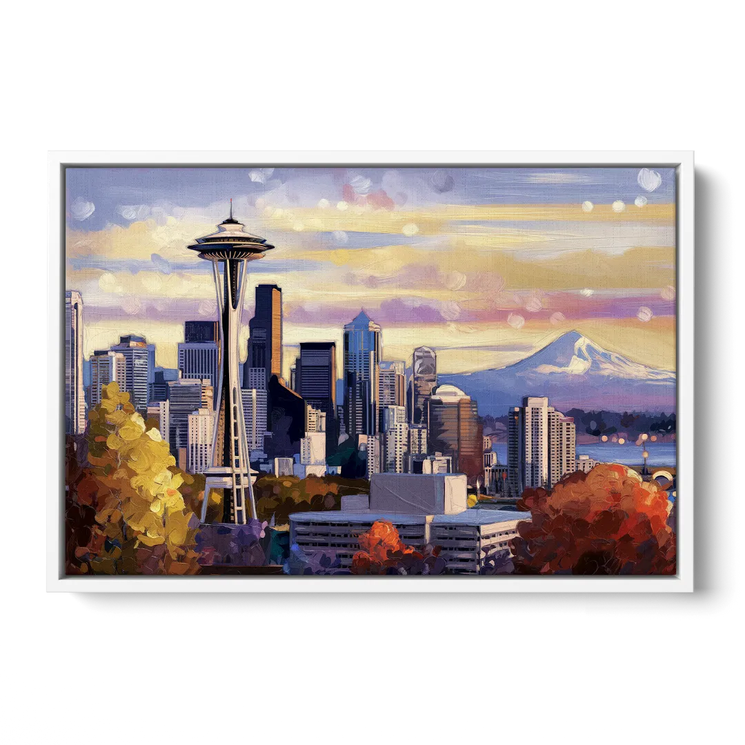 Seattle Iconic Landmarks - White Frame Canvas