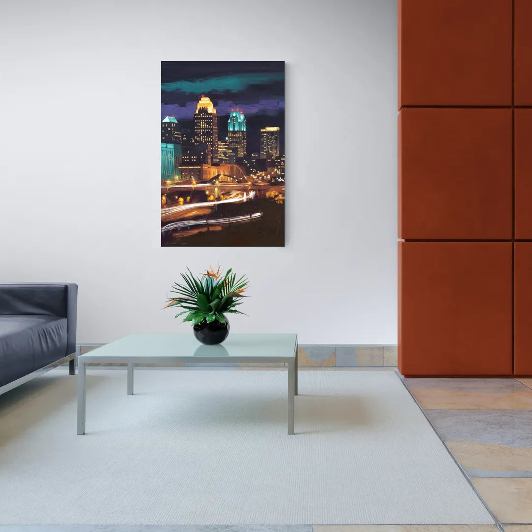 Kansas City Nighttime Skyline - Canvas Wall Art Living Room