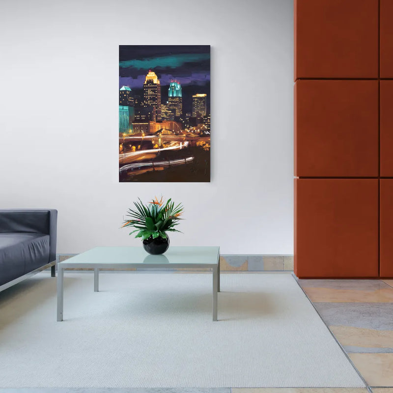 Kansas City Nighttime Skyline - Canvas Wall Art Living Room