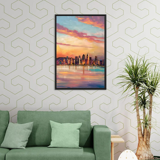San Diego Skyline Sunset - Living Room Black Frame Canvas