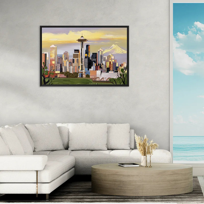 Seattle Downtown Skyline - Living Room Black Frame Canvas
