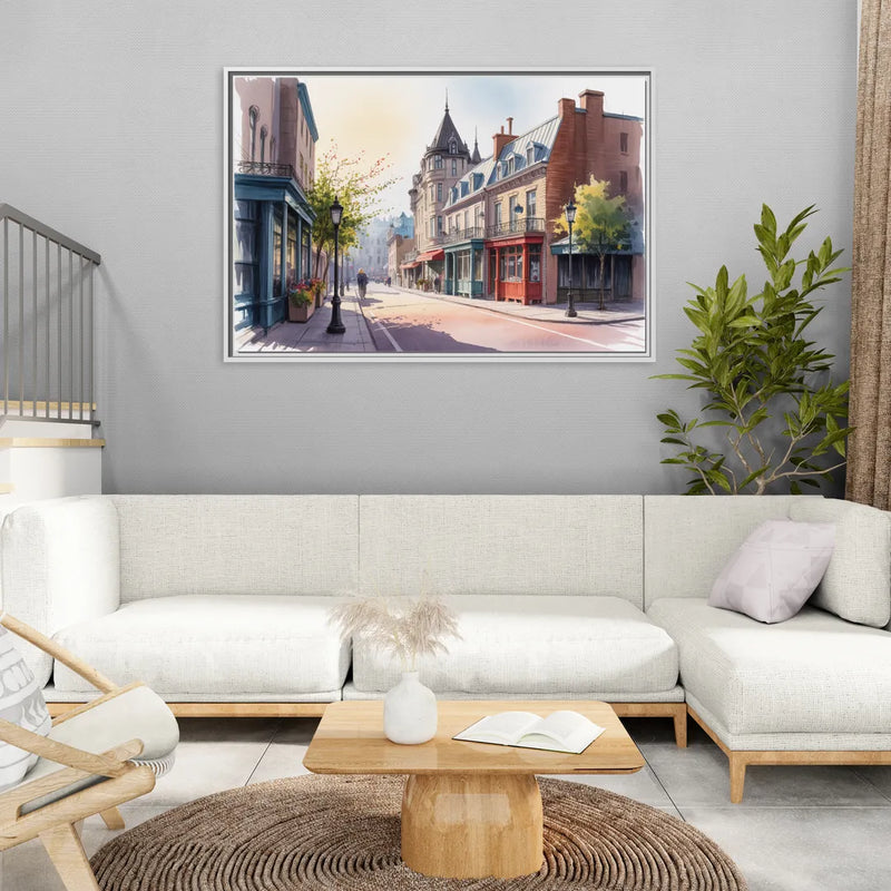 Quebec City Old Streets - Living Room White Frame Canvas