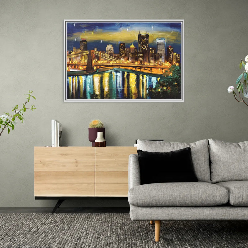 Pittsburgh Skyline With Rivers - Living Room White Frame Canvas