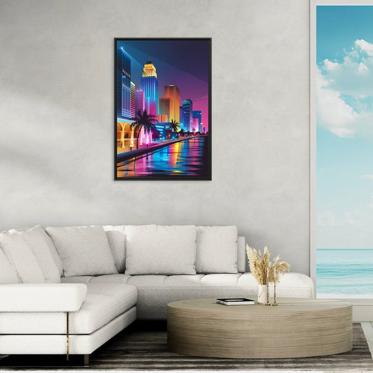 Miami Cityscape by Night - Living Room Black Frame Canvas