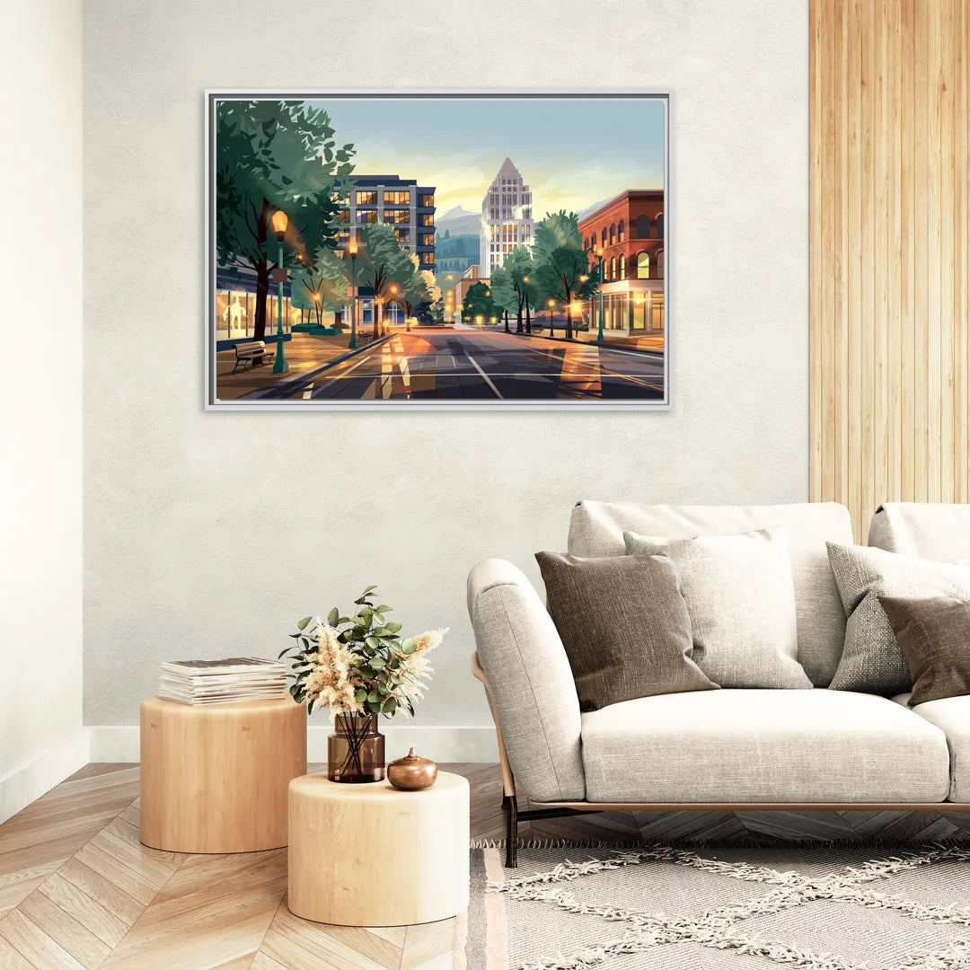 Eugene Cityscape Downtown - Living Room White Frame Canvas