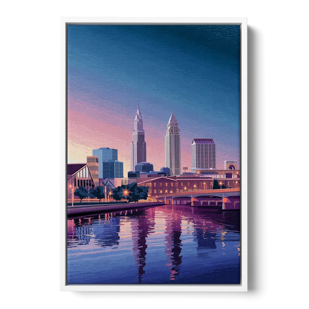 Cleveland Ohio Skyline Silhouette - White Frame Canvas