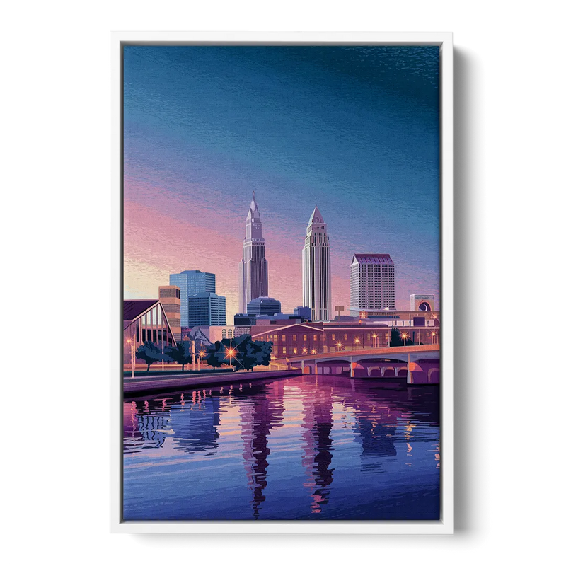 Cleveland Ohio Skyline Silhouette - White Frame Canvas