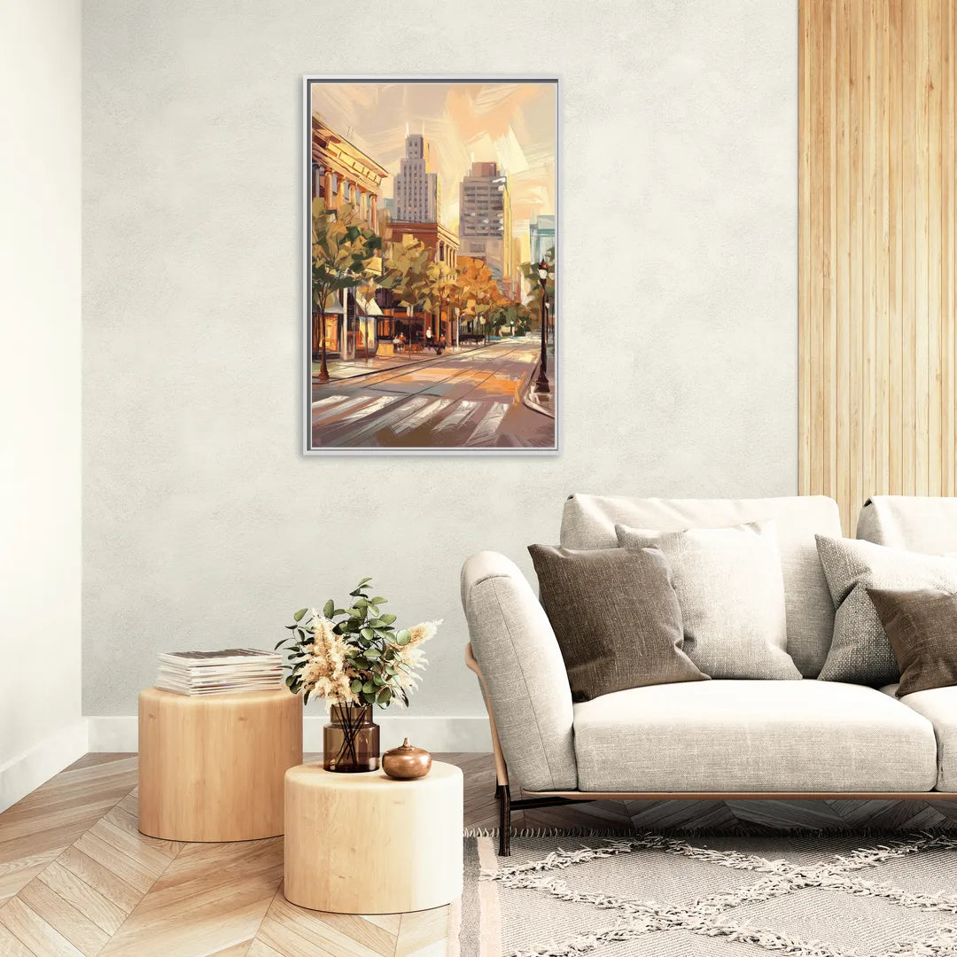 Raleigh Downtown Streetscape - Living Room White Frame Canvas