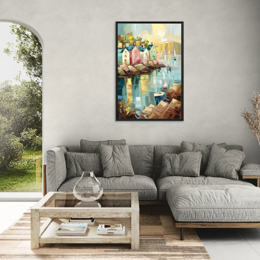 Bar Harbor Seaside Village - Living Room Black Frame Canvas