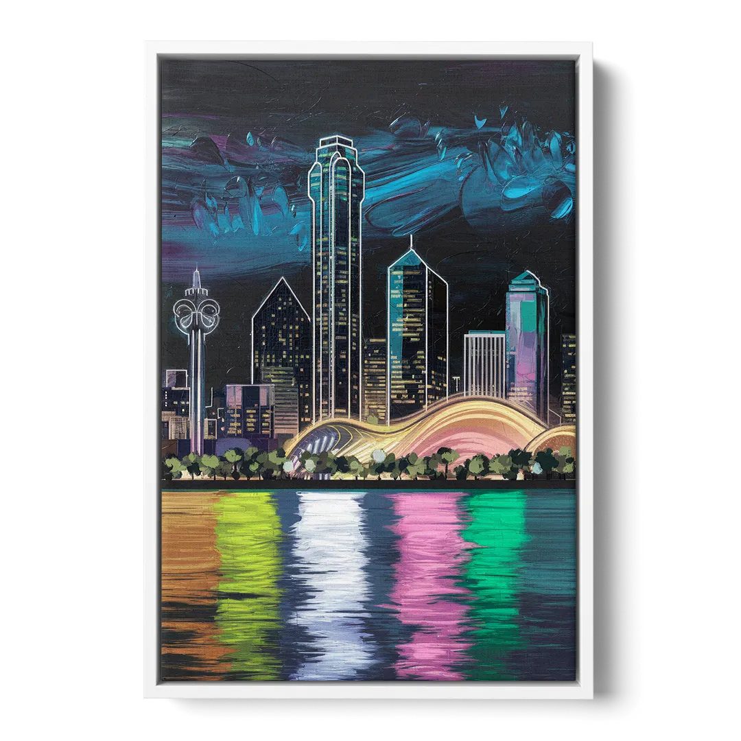 Dallas Skyline Reflection - White Frame Canvas